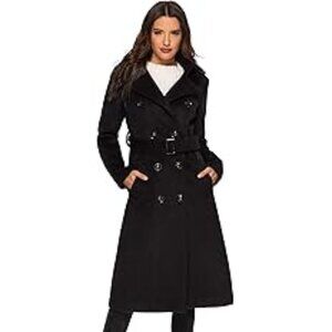 Escalier Women's Wool Double Breasted Pea Long Trench Coat with Belt Size Medium